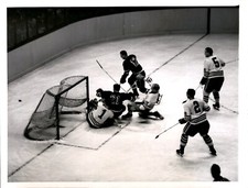CGE4 1957 Original Photo NY RANGERS CAMILLE HENRY BLACKHAWKS GOALIE AL ROLLINS