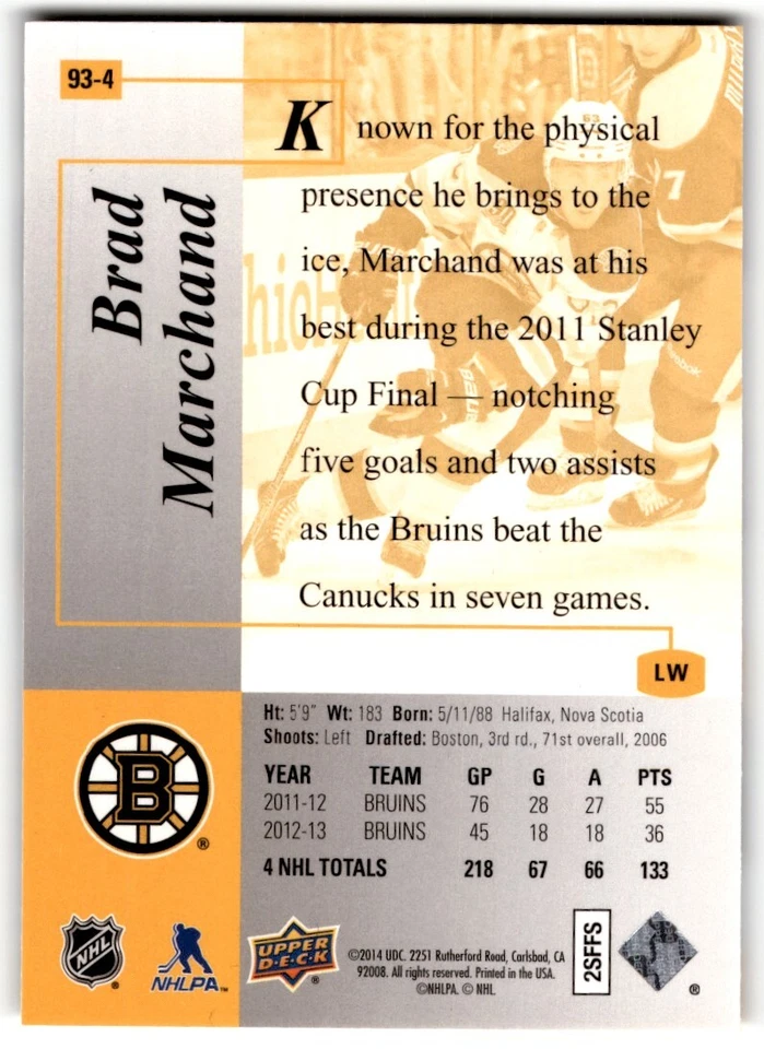 2013-14 SP Authentic '93-94 Retro Brad Marchand #93-4 Boston Bruins - Image 2 of 2