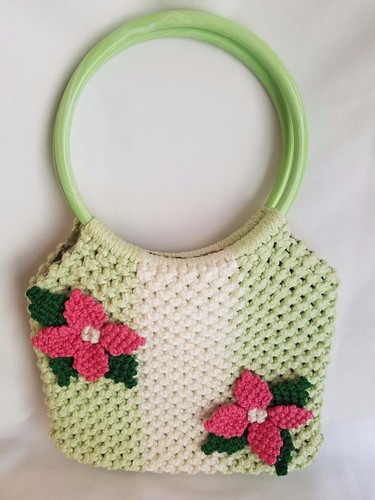 Handmade Green White Pink Floral Embellished Macrame Purse Hand or Shoulder Bag - Picture 1 of 7