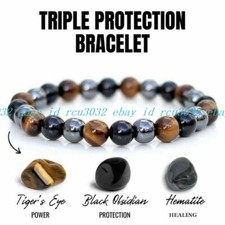 Obsidian Tiger Eye Hematite Bracelet Triple Protection Bangle Women Men Jewelry