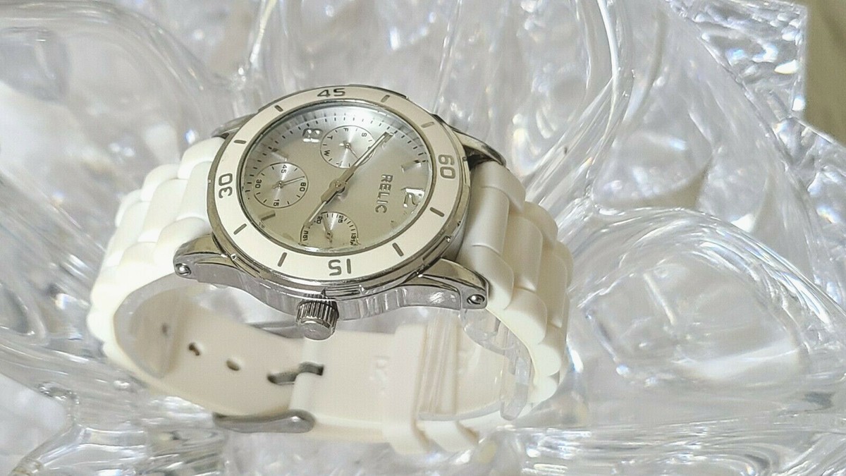 Relic Silver-Dial Day/Date White Band Ladies Watch ZR15582 | eBay