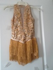 GIRLS SIZE SA DANCE OUTFIT BY REVOLUTON GOLD-WHITE SEQUINS  GOLD GLOVES  ACCES