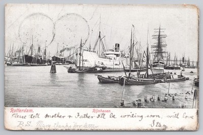 Rotterdam Rijnhaven Hafen großer Dampfer Segelschiffe 1902 gebrauchte Postkarte