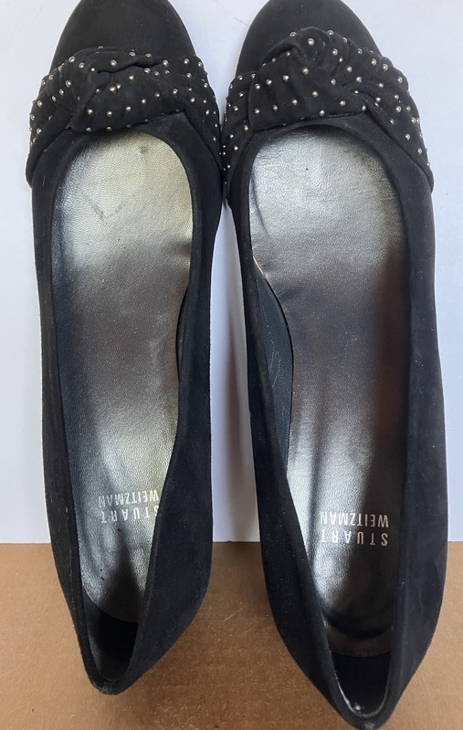 Stuart Weitzman 9 AA Black Suede Wedge. Knot Over Toe With Sm Metal Studs.
