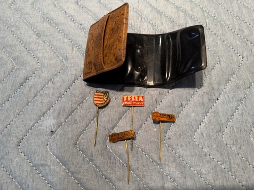 (4) Vintage Tesla Banska Bystrica , Slovakia lapel or hat pins with case RARE