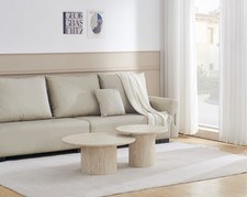 Coffee Table Set of 2 Round 80 / 60cm Sintered Stone Travertine Fluted Base