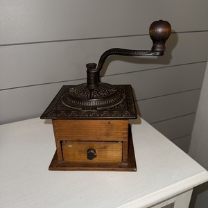 Antique coffee grinder wood and cast iron