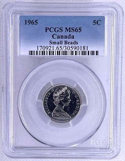 PCGS 1965 MS65 Canada 5 Cent Nickel Small Beads / Slightly Rotated Reverse Die