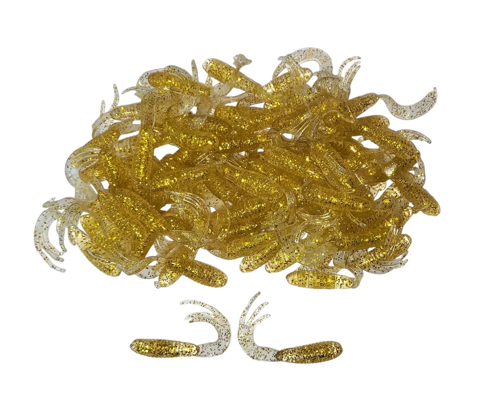 Triple Tail Tri-Tip Gold Flash Shiner Color 2 inch 100 Pack Curl Tail Grubs - Image 2 of 2