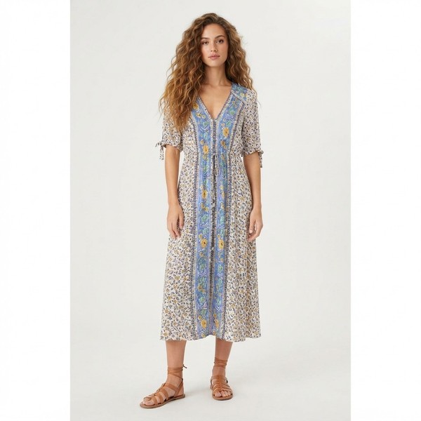 Arnhem Phoebe Midi Dress Size 8 Waterfall Blue Floral Boho Tie V-Neck Flowy