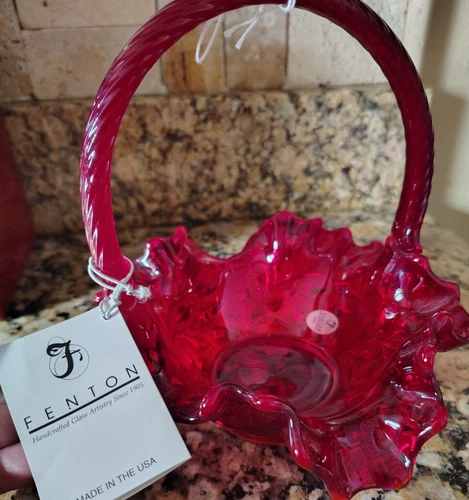 Fenton Ruby Red 8" Basket w/ Thumbprint Pattern Ruffled Collar & Crimped Handle