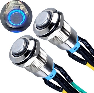 2Pcs 12mm Metal Latching Push Button Switch High Round Head Silver Shell 1