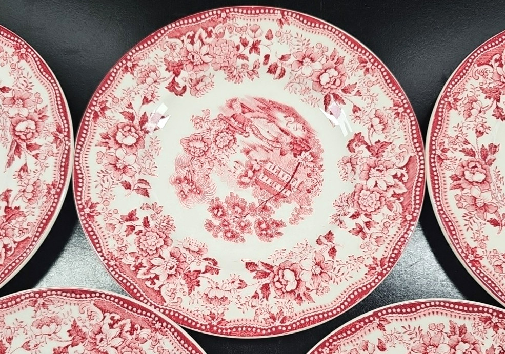 (5) Royal Staffordshire Tonquin Red Pink Bread Plates Set Vintage Cliff MCM Lot