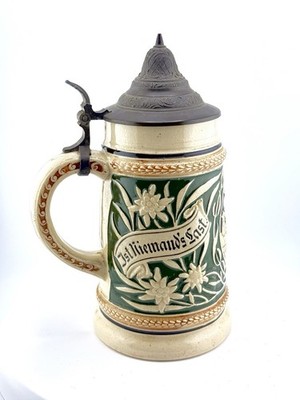 Vintage German Stein  Ein Froher Gast  Relief Edelweiss Pewter Lid 0.5L ~1950s