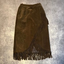 Vintage Brown Suede Leather Fringe Western Midi Skirt Womens 14