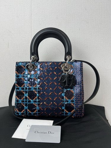 Dior Medium Lady Dior 2Way Handbag Sequins Black Leather SHW Vintage Rank AB