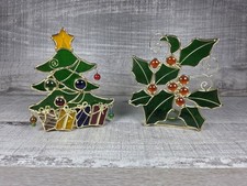 Stained Glass Christmas Tree  Holly Tea Light Votive Candle Holder Vtg g77g1