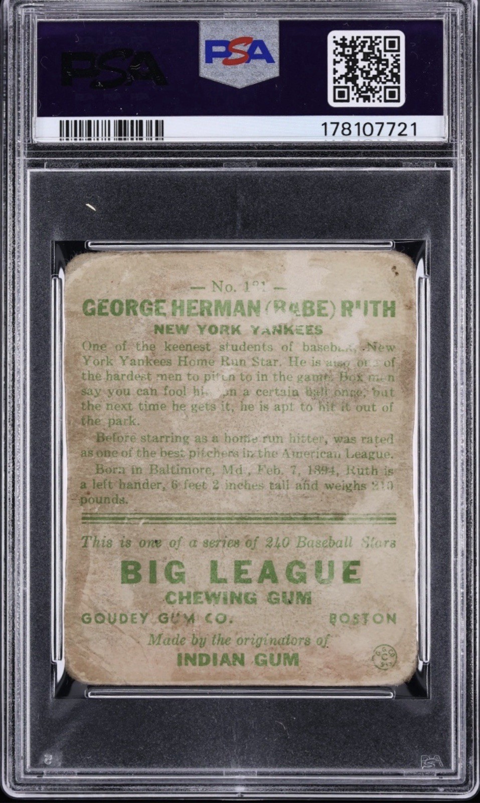 1933 Goudey 181 Babe Ruth (GREEN) PSA 1 view 2