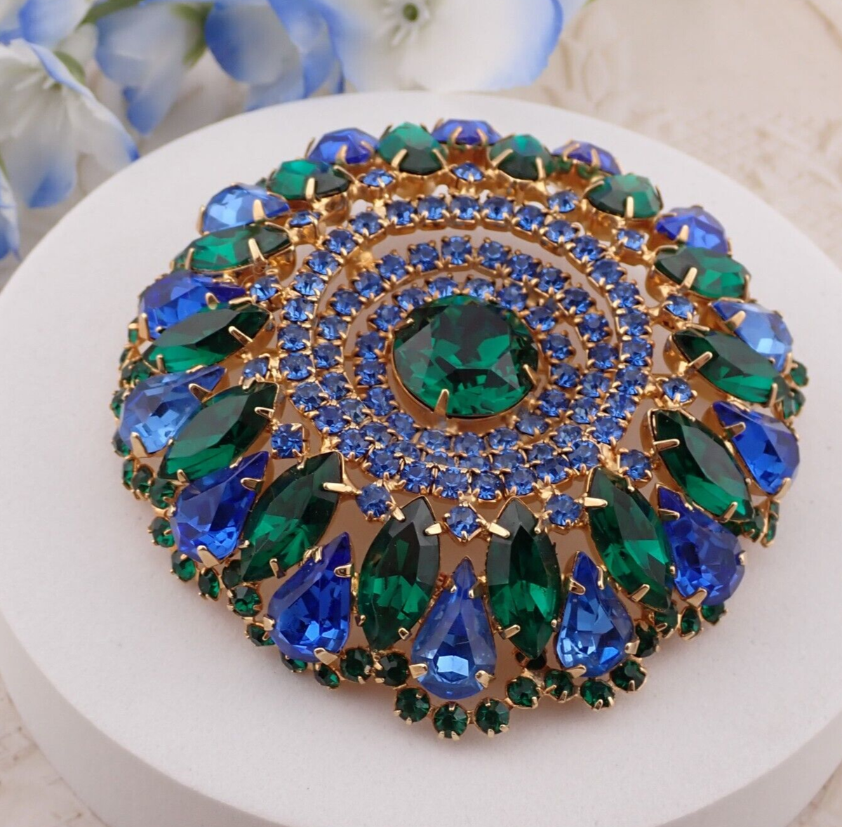 Vintage Hattie Carnegie Blue Green Exquisite Layered Dome Gold