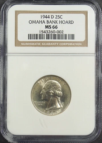 :1944-D S25C WASHINGTON QUARTER NEAR SUPERB NGC MS66 OMAHA BANK HOARD HIGH GRADE