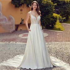 Simple A-Line Wedding Dresses V-Neck Spaghetti Strap Satin Applique Bridal Gowns