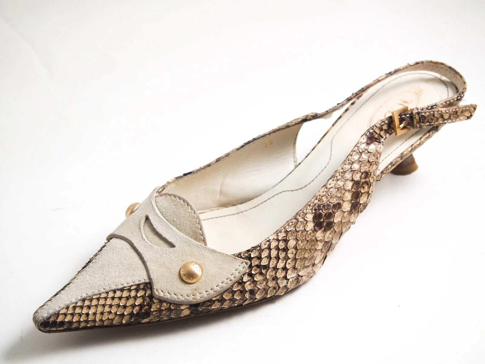 TOD’S Tod's Moyen Bride Arrière Talon Sandale Daim Beige Serpent Femme Sz US 9 Ue 39