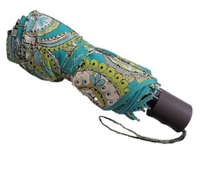 Vera Bradley Umbrella Teal  Yellow Paisley Print Push Button Open Pre-owned