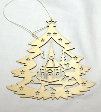 Christmas Ornaments Laser Cut Wood Tree and Church with Stars 3 7/8"
