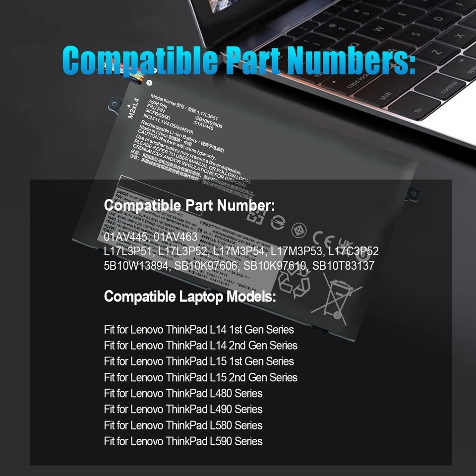 Batería L17L3P51 para Lenovo ThinkPad E480 E485 E495 E580 E585 E490 E590 E595 EE. UU. Foto 3 de 4