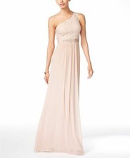  489 Adrianna Papell Women Pink One-Shoulder Embellished Lace Gown Dress Size 10