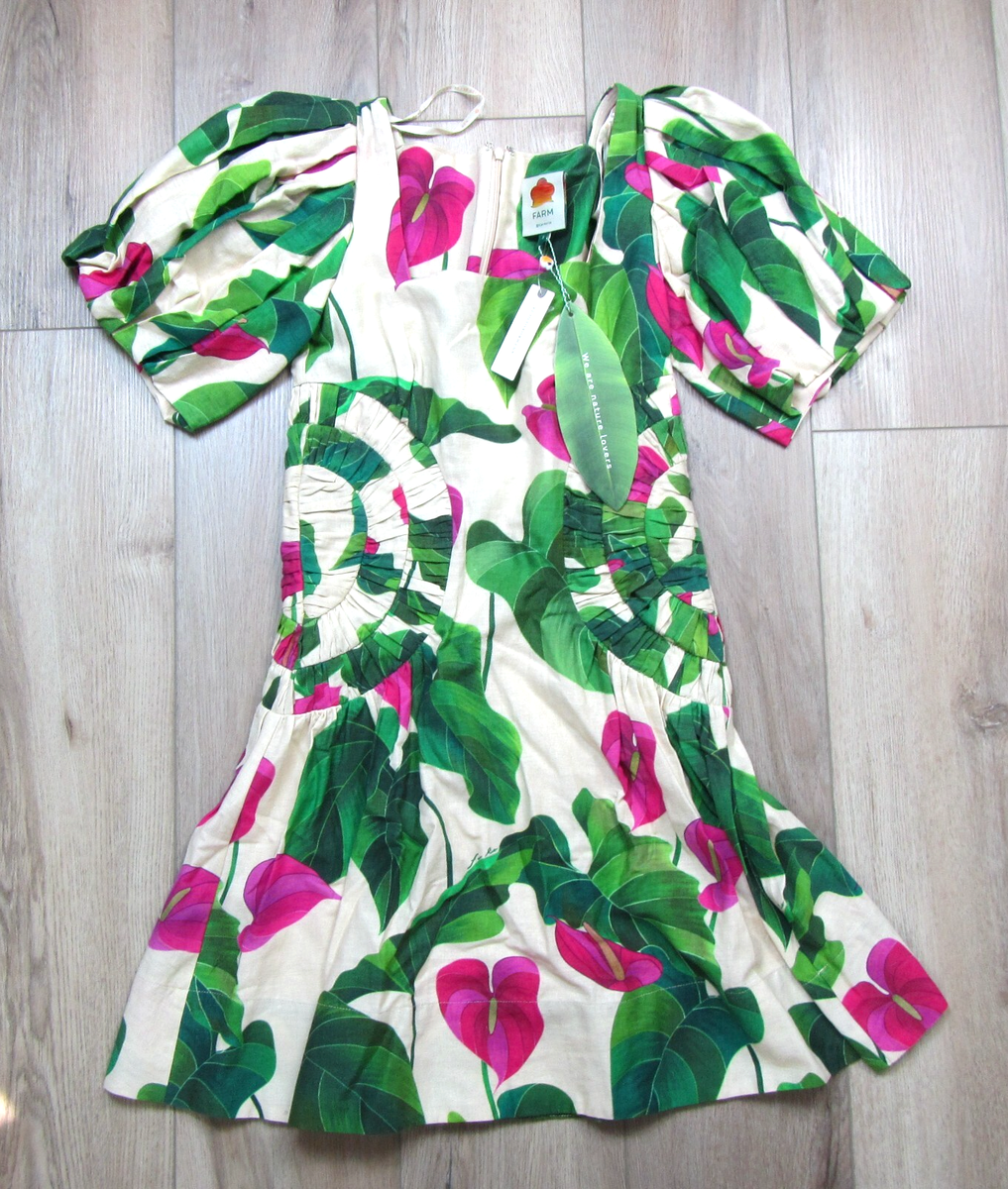 farm rio green leaves dress FARM Rio Green Anthurium Leaves Cut-Out Euroflax Premium Linen Midi Dress, Anturium Leaves Green / XL