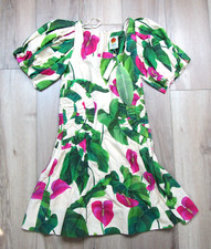 NEW ANTHROPOLOGIE FARM RIO WOMENS ANTHURIUM LEAVES LINEN DRESS SMALL SHORT GREEN