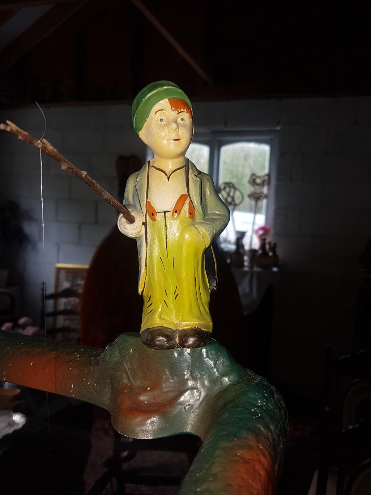 RARE ART DECO Lg Antique Plaster Chalkware Boy Fishing in Tank Statue