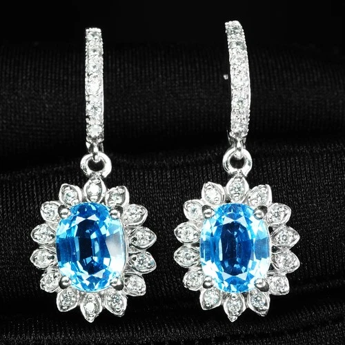 Leverback Earrings Estate Swiss Blue Topaz 5.55Ct 925 Sterling Silver Handmade