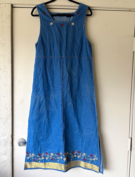 Vintage Aspen Collection Denim Maxi Dress Floral Embroidery Cottagecore