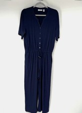 Susan Graver Liquid Knit Button-Front Jumpsuit Womens PL Navy Adjustable Waist