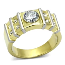 Men's Ring, Clear CZ, 14K Gold Plated, Stainless Steel, Statement, Two-Tone