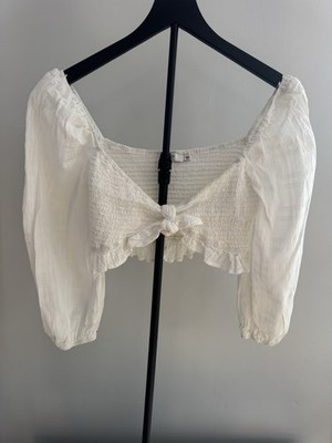Lush White Smocked Crop Top Sz M Puff Sleeve Cottagecore Peasant Blouse