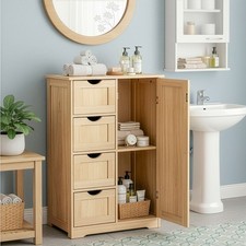 New Bathroom Floor Storage Cabinet Wooden Storage Unit with 4 Drawers,Natural