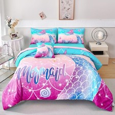 RYNGHIPY 6pc Kids Full Mermaid Comforter Set Bed in a Bag Fish Tail