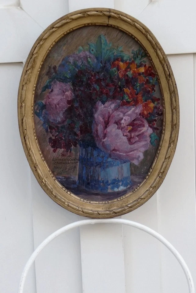 BEL IMPRESSIONNISTE 1920...BOUQUET DE FLEURS, PIVOINES & POT BLEU...SIGNÉ ? - Photo 2/4