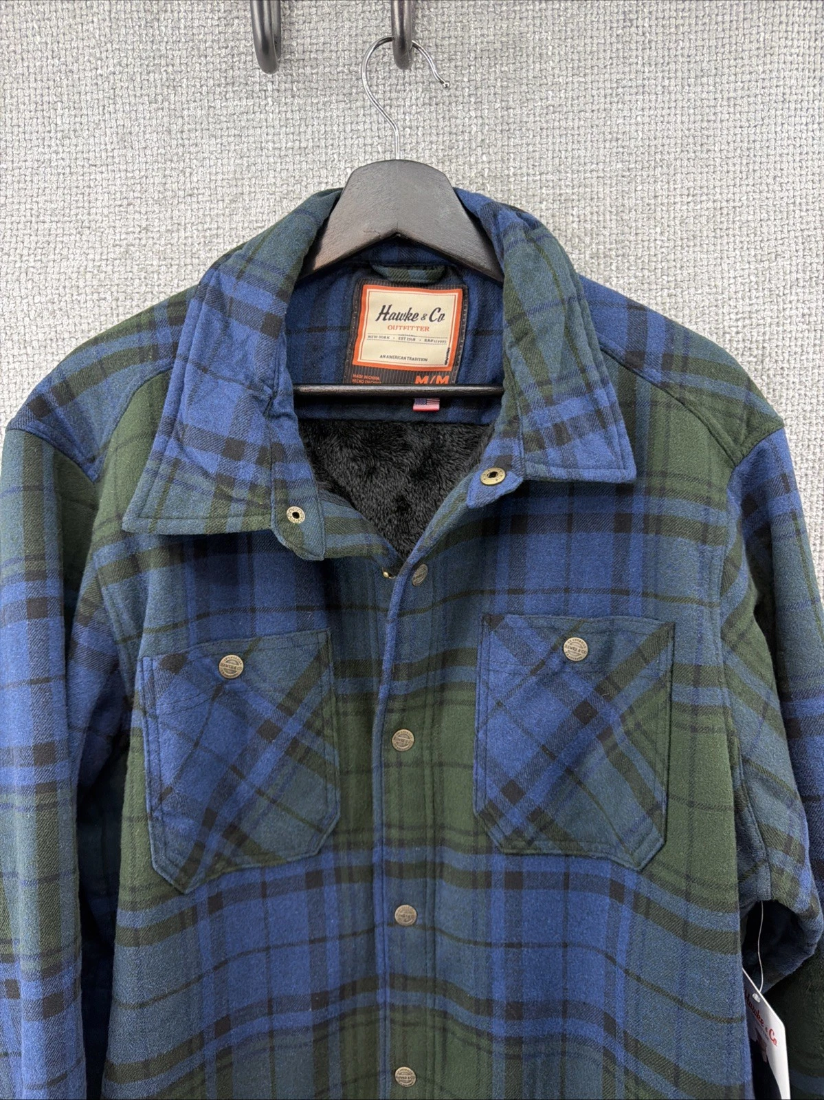 Hawke & Co Jacket Men's Medium Blue Faux Fur Lined Plaid Flannel Shacket New