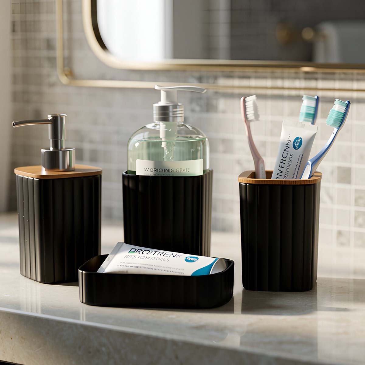Kit accessoires de bain 6 pièces effet marbre injecté chrome luxueux