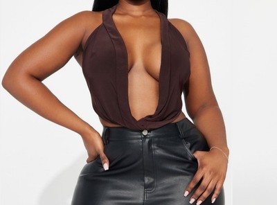 Fashion Nova Cowl Neck Top Brown Plus Size 2X Tie Closure Solid TP4725FNT
