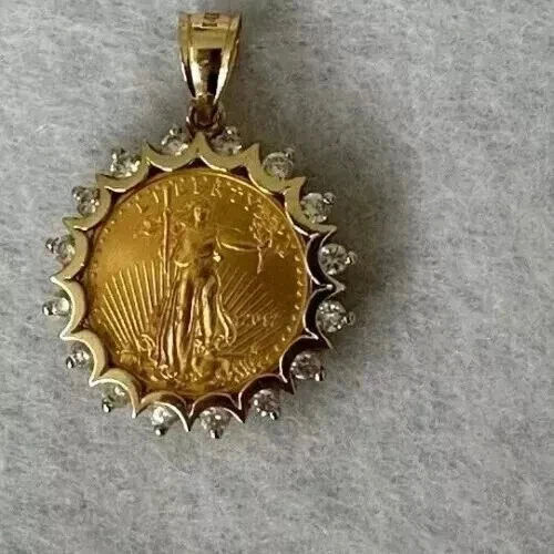 Lady Liberty 5 Dollar Coin 1 Ct Round Lab Created Pendant 14K Yellow Gold Plated