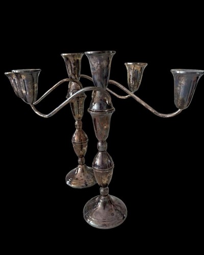 PAIR RAIMOND 925 STERLING SILVER 11 3/4" 3 ARM WEIGHTED CANDELABRA CANDLESTICKS - Picture 3 of 14