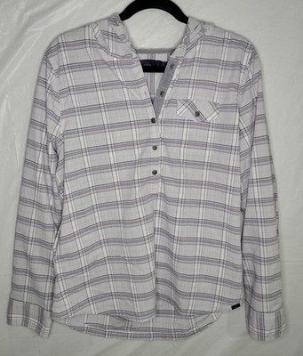 prAna Anja Hooded Pullover Top Women L Purple Plaid Hiking Lightweight UPF 30+