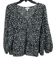 Ana A New Approach Womens Floral Long Sleeve Top Large Black Gray