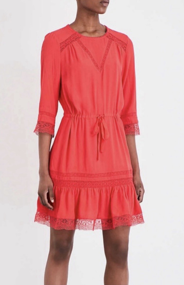 SALE *maje* レッドフリルサテンワンピース NWT Maje Women Red Lace 3/4 Sleeve Knee Length Dress Small 1