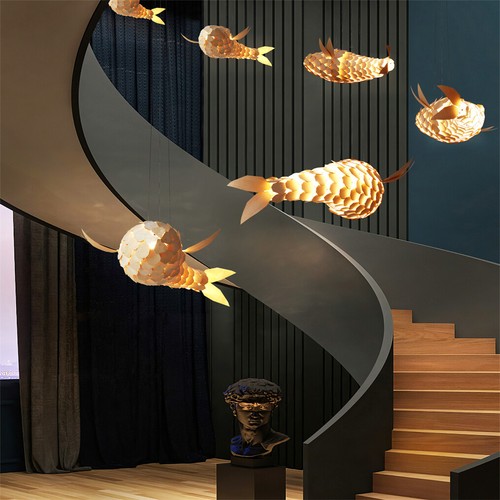 Unique Ceiling Light Fish Lampshade Hand-woven Large for Living Room Restaurant - Picture 8 of 16